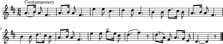 
\transpose c d \relative c'' {
  \key c \major \set Staff.midiInstrument = #"acoustic guitar (nylon)"
  \time 6/8 \set Score.tempoHideNote = ##t \tempo 4 = 60 \autoBeamOff
  g8.^"Contemporary" [(a16)] g8 e4. | g8. [a16] g8 e4. | d'4 d8 b4. | c4 c8 g4. | a4 a8 c8. [b16] a8 | g8. [a16] g8 e4. |
  a4 a8 c8. [b16] a8 | g8. [a16] g8 e4. | d'4 d8 f8.-> [d16] b8 | c4. (e4) r8 | c8. [(g16)] e8 g8. [f16] d8 | c4.~ c4 r8 \bar "|."
}

