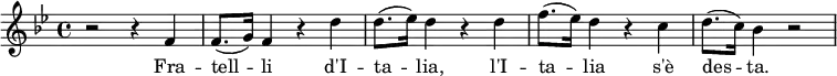 \relative f' {
\clef treble
\time 4/4
\key bes \major
r2 r4 f | (f8. g16) f4 r d' | (d8. ees16) d4 r d | (f8. ees16) d4 r c | (d8. c16) bes4 r2 |
}
\addlyrics {
Fra -- tell -- li
d'I -- ta -- lia,
l'I -- ta -- lia
s'è des -- ta. }
