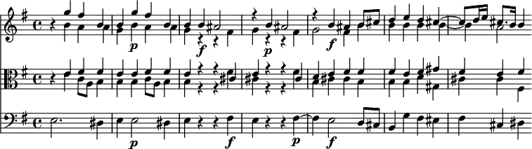 << <<
\new Staff { \clef treble \time 4/4 \key e \minor
\set Staff.midiInstrument = "violin" \set Score.tempoHideNote = ##t
\relative c'' {
r4 << { g'4 fis b, | b g'\p fis b, | b b\f ais2 | r4 b\p ais2 |
r4 b\f ais b8 cis | d4 e d cis~ | cis8 d16 e cis8. b16 b4 } \\
{ \omit Voice.DynamicText
b4 a a | g b\p a a | g r r fis\f | g r r fis\p |
g2 fis4\f b | b b b b~ | b a2
\undo \omit Voice.DynamicText } >>
}
}
\new Staff { \clef alto \key e \minor
\set Staff.midiInstrument = "viola"
\relative c' {
\omit Staff.DynamicText
r4 << { e fis fis | e e\p fis fis | e r r cis\f | e r r cis\p |
d e\f fis fis | fis e fis gis | fis e fis } \\
{ e4 c8 a b4 | b b\p c8 a b4 | b r r fis'\f | cis r r fis\p |
b,cis\f cis b | b b d gis, | cis cis fis, } >>
\undo \omit Staff.DynamicText
}
}
\new Staff { \clef bass \key e \minor
\set Staff.midiInstrument = "cello"
\relative c {
e2. dis4 | e4 e2\p dis4 | e r r fis\f | e r r fis~\p |
fis e2\f d8 cis | b4 g' fis eis | fis cis dis
}
}
>> >>
\layout { indent = #0 }
\midi { \tempo 4 = 56 }