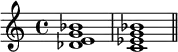 {
\relative c' {
\time 4/4
<des e g bes>1 <c es g bes> \bar "||"
}
}