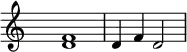 \relative c'{
\hide Staff.TimeSignature
<d f>1 | d4 f d2
}