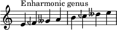 {
\override Score.TimeSignature #'stencil = ##f
\relative c' {
\clef treble \time 4/4
e4^\markup { Enharmonic genus } feh geses a b ceh deses e
} }