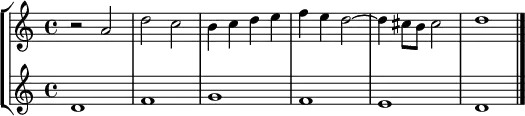 \relative c' {
\new StaffGroup <<
\new Staff {
\set Score.tempoHideNote = ##t \tempo 4 = 120
r2 a' d c b4 c d e f e d2~ d4 cis8 b cis2 d1 \bar "|."
}
\new Staff {
d, f g f e d \bar "|."
}
>>
}