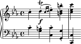 {
\override Score.SpacingSpanner.strict-note-spacing = ##t
\set Score.proportionalNotationDuration = #(ly:make-moment 1/8)
\new PianoStaff <<
\new Staff <<
\relative c'' {
\clef treble \key c \minor \time 4/4
c4-. d-.(\f\trill \grace {c16 d} es4-.) <b d b'>-. <c es c'>
}
>>
\new Staff <<
\relative c' {
\clef bass \key c \minor \time 4/4
c4-. <g b>-. <c, c'>-. <g g'>-. <c, c'>
}
>>
>> }
