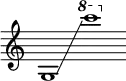 {
\new Staff \with { \omit Score.TimeSignature }
\key c \major \cadenzaOn
\clef treble g1 \glissando s \ottava #1 c''''
}