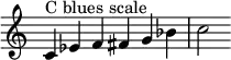  {
\override Score.TimeSignature #'stencil = ##f
\relative c' {
  \clef treble \time 6/4
  c4^\markup { "C blues scale" } es f fis g bes c2
} }
