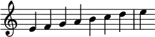 {
\override Score.TimeSignature #'stencil = ##f
\relative c' {
\clef treble
\time 7/4 e4 f g a b c d e
} }