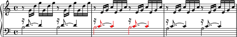 
  \new PianoStaff <<
    \new Staff \relative c' {
      \set Score.tempoHideNote = ##t \tempo 4 = 90
      <<
        \new Voice {
          r8 g'16 d'  g g, d' g  r8 g,16 d'  g g, d' g |
          r8 e,16 g  c e, g c  r8 e,16 g  c e, g c |
          r8 e,16 g  c e, g c  r8 e,16 g  c e, g c |
        }
      >>
    }
    \new Staff \relative c' {
      \clef bass
      <<
        \new Voice {
          \voiceThree
          r16 d8.~ d4 r16 d8.~ d4 |
          \override NoteHead.color = #red
          \override Stem.color = #red
          r16 c8.~ c4 r16 c8.~ c4 |
          \override NoteHead.color = #black
          \override Stem.color = #black
          r16 c8.~ c4 r16 c8.~ c4 |
        }
        \new Voice {
          \voiceFour
          b2 b |
          \override NoteHead.color = #red
          \override Stem.color = #red
          b b |
          \override NoteHead.color = #black
          \override Stem.color = #black
          a a |
        }
      >>
    }
  >>
