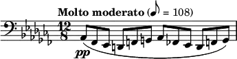 { \set Staff.midiInstrument = "contrabass" \language "english" \clef bass \key af \minor \time 12/8 \tempo "Molto moderato" 8 = 108 \relative { af,8\pp( ff ef d f g af ff ef d f g) } }