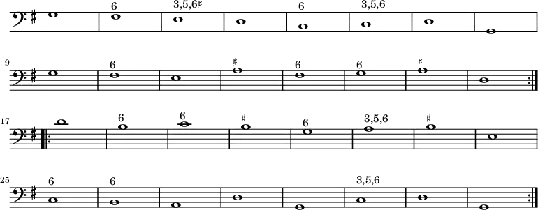 
\relative
{
  \key g \major
  \clef bass
  \omit Staff.TimeSignature
  \repeat volta 2 {
    g1 fis^"6" e^"3,5,6♯" d b^"6" c^"3,5,6" d g, \break
    g' fis^"6" e a^"♯" fis^"6" g^"6" a^"♯" d,
  } \break
  \repeat volta 2 {
    d' b^"6" c^"6" b^"♯" g^"6" a^"3,5,6" b^"♯" e, \break
    c^"6" b^"6" a d g, c^"3,5,6" d g,
  }
}
