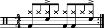 \version "2.22.0"
\header { tagline = ##f}
\score {
\drums \with {midiInstrument = "drums"}
\with { \numericTimeSignature }
{
\repeat volta 2 {
\stemUp
<cymra bd>8 cymra <cymra sne>^> cymra <cymra bd> <cymra bd> cymra <cymra sne>^>\break
}
}
\layout {}
}
\score {
\unfoldRepeats {
\drums \with {midiInstrument = "drums"}{
\repeat volta 2 {
\stemUp
<cymra bd>8 cymra <cymra sne>^> cymra <cymra bd> <cymra bd> cymra <cymra sne>^>\break
}
}
}
\midi { \tempo 4 = 120 }
}