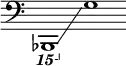 {
\new Staff \with { \omit Score.TimeSignature }
\key c \major \cadenzaOn
\clef bass \ottava #-2 bes,,,,1 \glissando s \ottava #0 g
}