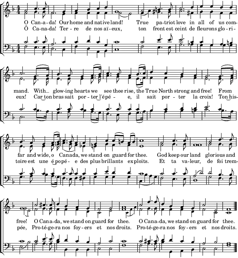 
% from https://hymnary.org/hymn/CGH2010/700
\header { tagline = ##f }
\paper { #(set-paper-size "a4") }
\layout { indent = 0
  \context { \Score \remove "Bar_number_engraver" }
  \context { \Voice \remove "Dynamic_engraver" }
}

global = { \key f \major \time 4/4 \numericTimeSignature }

soprano = \relative c'' { \global
  a2 c4. c8 | f,2. g4 | a bes c d | g,1 |
  a2 b4. b8 | c2. d4 | e e d d | c2. % maybe \set melismaBusyProperties = #'() ... \unset \set melismaBusyProperties
  g8. (a16) | bes4. a8 g4 a8. (bes16) | c4. bes8 a4 bes8. (c16) | d4 c bes a | g2.
  g8. (a16) | bes4. a8 g4 a8. (bes16) | c4. bes8 a4 a | g c c8 ([b]) a (b) | c1 |
  a2 c4. c8 | f,1 | bes2 d4. d8 | g,1 |
  c2 cis4. cis8 | d4 bes a g | f2 g | a1 |
  c2 f4. f8 | d4 bes a g | c2 e, | f1 \bar "|."
}

alto = \relative c' { \global
  f2\f g4. g8 | f2. e4 | f f f f | f2 (e) |
  f4 (a) gis4. gis8 |a2. fis4 | g g f f | e2.
  e8. e16\noBeam | e4. e8 e4 f8. g16\noBeam | a4. g8 f4 e8. (f16) | f4 f g f | e2.
  e8. f16\noBeam | e4. e8 e4 f8. g16\noBeam | a4. (g8 f4) es | e! g f f | e1 |
  f2 g4. g8 | f1 | g2 g4. g8 | g2 (e) |
  f2 g4. g8 | f4 f f d | c2 e | << { f1 } { s4 \set fontSize = #-2 c\ffff (f a) \set fontSize = #0 } >> |
  f2 g4. g8 | f4 f f d | f2 c | c1 \bar "|."
}

tenor = \relative c' { \global
  c2 c4. c8 | a2. c4 | c d c g | c1 |
  c2 e4. e8 | e2. c4 | c g a b | c2.
  c4 | c4. c8 c4 c | c4. c8 c4 c | bes c d d | e2.
  c4 | c4. c8 c4 c | c4. c8 c4 c | c e d d | c1 |
  c2 c4. c8 | a2 (d) | d bes4. bes8 | c1 |
  c2 e4. e8 | d4 d c bes | a2 c | c1 |
  c2 cis4. cis8 | d4 d c bes | a2 bes | a1 \bar "|."
}

bass = \relative c { \global
  f2 e4. e8 | d2. c4 | f d a bes | c1 |
  f2 e4. e8 | a2. as4 | g g g g | c,2.
  bes'8. (a16) | g4. a8 bes4 a8. (g16) | f4. e8 f4 g8. (a16) | bes4 a bes b | c2.
  bes8. (a16) | g4. a8 bes4 a8. (g16) | f4. e8 f4 fis | g g g g | c, (bes' a g) |
  f2 e4. e8 | d1 | g2 f4. f8 | e2 (bes') |
  a2 a4. a8 | bes4 bes, bes bes | c2 c | f1 |
  2 a4. a8 | bes4 g, a bes | c2 c | f1 \bar "|."
}

verseEN = \lyricmode {
  O Can -- a -- da!
  Our home and nat -- ive land!
  True pa -- triot love in all of us com -- mand.
  With __ glow -- ing hearts we see thee rise,
  the True North strong and free!
  From far and wide,
  o Can -- a -- da, we stand on guard for thee.
  God keep our land glor -- ious and free!
  \repeat unfold 2 { O Can -- a -- da, we stand on guard for thee. }
}

verseFR = \lyricmode {
  Ô Ca -- na -- da!
  Ter -- re de nos aï -- eux,
  ton front est ceint de fleu -- rons glo -- ri -- eux!
  Car~ton bras sait por -- ter~l'é -- pé -- "" e,
  il sait por -- ter la croix!
  Ton~his -- toire est une é~po -- pé -- "" e
  des plus brill -- ants ex -- ploits.
  Et ta va -- leur, de foi trem -- pée,
  \repeat unfold 2 { Pro -- té -- ge -- ra nos foy -- ers et nos droits. }
}

\score {
  \new ChoirStaff <<
    \new Staff \with { midiInstrument = "brass section" }
    <<
      \new Voice = "soprano" { \voiceOne \soprano }
      \new Voice = "alto" { \voiceTwo \alto }
    >>
    \new Lyrics
      \new Lyrics \lyricsto "soprano" \verseEN
      \new Lyrics \lyricsto "soprano" \verseFR
    \new Staff \with { midiInstrument = "brass section"
    } <<
      \clef bass
      \new Voice = "tenor" { \voiceOne \tenor }
      \new Voice = "bass" { \voiceTwo \bass }
    >>
  >>
  \layout { }
  \midi {
    \tempo 4=102
  }
}

