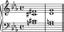 \new PianoStaff <<
\new Staff <<
\new Voice \relative c' {
\stemUp \clef treble \key c \minor \time 4/4
fis1 g
}
\new Voice \relative c' {
\stemDown
cis1 d
}
>>
\new Staff <<
\new Voice \relative c' {
\stemUp \clef bass \key c \minor \time 4/4
cis1 b
}
\new Voice \relative c' {
\stemDown
a1 g \bar "||"
}
>>
>>