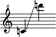 {
\override SpacingSpanner.strict-note-spacing = ##t
\set Score.proportionalNotationDuration = #(ly:make-moment 1/8)
\clef "treble^8" \omit Score.TimeSignature
\relative c'' {c!4 \glissando d''!}
}