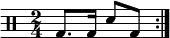 
    \new Staff <<
       \relative c' {
           \clef percussion
           \time 2/4  
           \repeat volta 2 { g8. g16 d'8 g, }
       }
   >>

