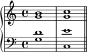 \new PianoStaff <<
\new Staff <<
\new Voice \relative c'' {
\stemUp \clef treble \key c \major \time 4/4
b1 c
}
\new Voice \relative c'' {
\stemDown
g1 g
}
>>
\new Staff <<
\new Voice \relative c' {
\stemUp \clef bass \key c \major \time 4/4
d1 e
}
\new Voice \relative c' {
\stemDown
g1 c, \bar "||"
}
>>
>>