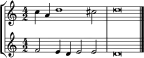 { << \new StaffGroup <<
\new Staff <<
\set Staff.midiInstrument = #"voice oohs"
\clef treble \time 4/2
\relative c'' {
\clef treble \time 4/2
c4 a d1 cis2 d\breve
}
>>
\new Staff <<
\set Staff.midiInstrument = #"voice oohs"
\clef treble \time 4/2
\new Voice \relative c' {
f2 e4 d e2 e d\breve \bar "|."
}
>>
>>
>> }
