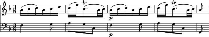 << <<
\new Staff { \clef treble \time 3/8 \key f \major
\set Staff.midiInstrument = "violin" \set Score.tempoHideNote = ##t
\relative c'' {
a16( bes c) a bes d |
c( f) bes,8.\trill( a32 bes) |
a16\p( bes c) a bes d |
c( f) bes,8.\trill( a32 bes) |
a8 }
}
\new Staff { \clef bass \time 3/8 \key f \major
\set Staff.midiInstrument = "cello"
\relative c {
f4 g8 | a g c, | f4\p g8 | a g c, | f, }
}
>> >>
\layout { indent = #0 }
\midi { \tempo 8 = 100 }
