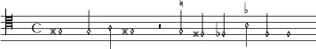 {
\new MensuralVoice \with { \remove "Time_signature_engraver" }
\clef "mensural-c4"
gis1 g2 a gis!1 r2 \set suggestAccidentals = ##t g! \set suggestAccidentals = ##f fis fes \set suggestAccidentals = ##tbes f f1
}