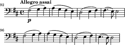 \layout {
indent = 0
ragged-right = ##t
}
\new Score {
#(set-default-paper-size "b6")
\new Staff {
\relative c, {
\set Staff.midiInstrument = #"cello"
\set Score.currentBarNumber = #92
\time 4/4
\key d \major
\clef "bass_8"
\omit Staff.ClefModifier
\tempo 2 = 60
\omit Score.MetronomeMark
\bar ""
fis2\p^\markup { \halign #-0.5 \bold "Allegro assai" }( g4 a) | a4( g fis e) | d2( e4 fis) | fis4.( e8) e2 | \break
fis2( g4 a) | a4( g fis e) | d2( e4 fis) | e4.( d8) d2
}
}
}