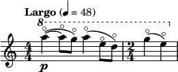 \relative{ \set Staff.midiInstrument = #"string ensemble 1" \compoundMeter #'((4 4)) \tempo "Largo" 4 = 48 \ottava #1 a'''4~\flageolet_\p( a8\flageolet g\flageolet) a4(\flageolet e8\flageolet d\flageolet) | \time 2/4 g4(\flageolet e)\flageolet }