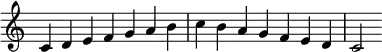 {
\override Score.TimeSignature #'stencil = ##f
\relative c' {
\clef treble \key c \major \time 7/4 c4 d e f g a b c b a g f e d c2
} }