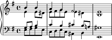 \new PianoStaff <<
\new Staff <<
\new Voice \relative c'' {
\stemUp \clef treble \key e \minor \time 4/4
\partial2 b4 b a g fis2 e1
}
\new Voice \relative c' {
\stemDown
\partial2 e4 e8 dis e fis g e e4 dis b1
}
>>
\new Staff <<
\new Voice \relative c' {
\stemUp \clef bass \key e \minor \time 4/4
\partial2 g8 a b4 c b cis b8 a! gis1
}
\new Voice \relative c {
\stemDown
\partial2 e8 fis g e c d e c ais4 b e,1
}
>>
>>