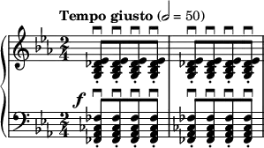 \new PianoStaff<< \relative{ \key ees \major \time 2/4 \tempo "Tempo giusto" 2 = 50 \grace{s8} \repeat unfold 2{ <ees' des bes g>8-.\downbow[ q-.\downbow q-.\downbow q-.\downbow]}}
\new Staff \relative{ \clef bass \key ees \major \grace{s8^\f} \repeat unfold 2{ <fes ces aes fes>8-.\downbow[ q-.\downbow q-.\downbow q-.\downbow]}}>> \midi{\set Staff.midiInstrument = #"string ensemble 1"}