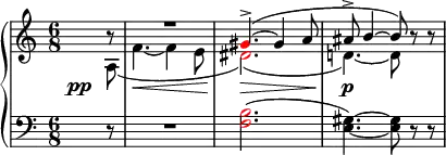 {
\new PianoStaff <<
\new Staff <<
\new Voice \relative c'' {
\clef treble \key a \minor \time 6/8
\voiceOne \partial8 b8\rest R2. \once \override NoteHead.color = #red gis4.->(~ gis4 a8 ais8-> b4~ b8) \oneVoice r r
}
\new Voice \relative c' {
\override DynamicLineSpanner.staff-padding = #4.5
\once \override DynamicText.X-offset = #-5
\voiceTwo \partial8 a\pp( f'4.~\< f4 e8 \once \override NoteHead.color = #red dis2.)(\> d!4.)~\p d8
}
>>
\new Staff <<
\relative c {
\clef bass \key a \minor \time 6/8
\partial8 r8 R2. \once \override NoteHead.color = #red <f b>2.( <e gis>4.)~ <e gis>8 r r
}
>>
>> }