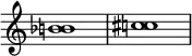 
{
\override Score.TimeSignature
#'stencil = ##f
    \relative c'' {
        \time 4/4
        \set Score.tempoHideNote = ##t \tempo 1 = 20
        <b! bes>1 <c! cis>
    }
}
