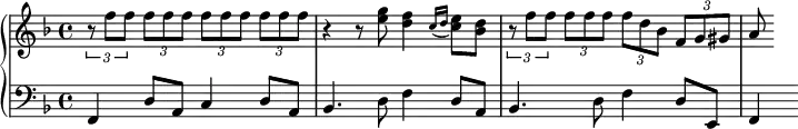 {
\new PianoStaff <<
\new Staff <<
\relative c'' {
\clef treble \key f \major \time 4/4
\tuplet 3/2 { r8 f f } \tuplet 3/2 { f f f } \tuplet 3/2 { f f f } \tuplet 3/2 { f f f }
r4 r8 <e g> <d f>4 \acciaccatura { c16 d } <c e>8 <bes d>
\tuplet 3/2 { r8 f' f } \tuplet 3/2 { f f f } \tuplet 3/2 { f d bes } \tuplet 3/2 { f g gis }
a
}
>>
\new Staff <<
\relative c, {
\clef bass \key f \major \time 4/4
f4 d'8 a c4 d8 a
bes4. d8 f4 d8 a
bes4. d8 f4 d8 e,
f4
}
>>
>> }