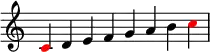 {
\override Score.TimeSignature #'stencil = ##f
\relative c' {
\clef treble \key c \major \time 8/4
\once \override NoteHead.color = #red c4 d e f g a b \once \override NoteHead.color = #red c
} }