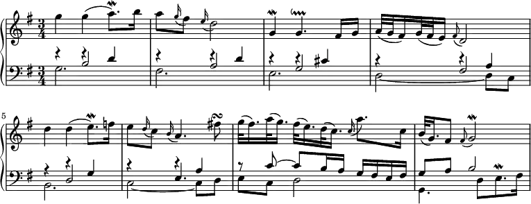 
\new PianoStaff <<
 \new Staff \relative c''' {
  \key g \major \time 3/4
  g4 g( a8.)\mordent b16 |
  a8 \appoggiatura g16 fis8 \appoggiatura e16 d2 |
  g,4\mordent g4.\downprall fis16 g |
  a32( g fis16) g32( fis e16) \appoggiatura fis8 d2 |
  d'4 d( e8.)\mordent f16 |
  e8 \appoggiatura d16 c8 \appoggiatura b16 a4. fis'!8\turn |
  g32( fis16.) a32( g16.) fis32( e16.) d32( c16.) \appoggiatura c a'8. c,16 |
  b32( g16.) fis8 \appoggiatura fis g2\mordent |
 }
 \new Staff <<
  \new Voice \relative c' {
   \voiceOne \clef bass \key g \major
   s4 f\rest d |
   s4 e\rest d |
   s4 d\rest cis |
   s4 d\rest a |
   s4 d\rest g, |
   s4 d'\rest a |
   r8 c~ c b16 a g fis e fis |
   g8 a b2 |
  }
  \new Voice \relative c' {
   \voiceThree
   r4 b2 |
   r4 a2 |
   r4 g2 |
   r4 fis2 |
   r4 d2 |
   r4 e4. s8 |
  }
  \new Voice \relative c' {
   \voiceTwo
   g2. |
   fis2. |
   e2. |
   d2~ d8 c |
   b2. |
   c2~ c8 d |
   e8 c d2 |
   g,4. d'8[ e8.^\mordent fis16] |
  }
 >>
>>
