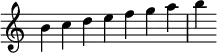 {
\override Score.TimeSignature #'stencil = ##f
\relative c'' {
\clef treble
\time 7/4 b4c d e f g a b
} }