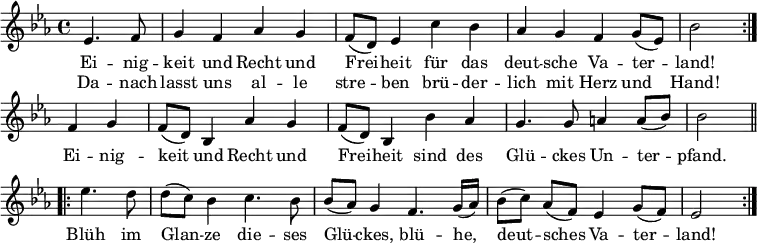 
\relative c'
{ \key es \major \time 4/4
\partial 2 \repeat volta 2 { es4. f8 | g4 f as g | f8 (d) es4 c' bes | as g f g8 (es) | bes'2 }
f4 g | f8 (d) bes4 as' g | f8 (d) bes4 bes' as | g4. g8 a4 a8 (bes) | bes2
\repeat volta 2 { es4. d8 | d (c) bes4 c4. bes8 | bes (as) g4 f4. g16 (as) | bes8 [(c)] as [(f)] es4 g8 (f) | es2 } }
\addlyrics {
<<
{ Ei -- nig -- keit und Recht und Frei -- heit
für das deut -- sche Va -- ter -- land!
}
\new Lyrics
{ Da -- nach lasst uns al -- le stre -- ben
brü -- der -- lich mit Herz und Hand! }
>>
Ei -- nig -- keit und Recht und Frei -- heit
sind des Glü -- ckes Un -- ter -- pfand.
Blüh im Glan -- ze die -- ses Glü -- ckes,
blü -- he, deut -- sches Va -- ter -- land!
}