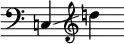 
     {
       \override SpacingSpanner.strict-note-spacing = ##t
       \set Score.proportionalNotationDuration = #(ly:make-moment 1/8)
       \clef bass \omit Score.TimeSignature
       \relative c {c!4 \glissando \clef treble d''!}
     }
   