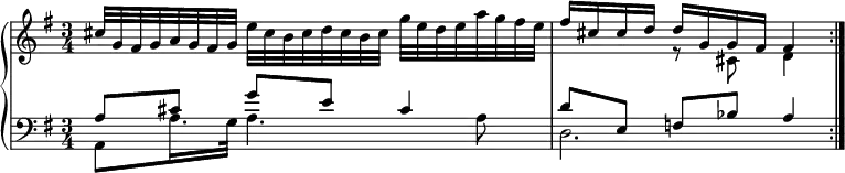 
\new PianoStaff <<
 \new Staff \relative c'' {
  \key g \major \time 3/4
  cis32 g fis g a g fis g e' cis b cis d cis b cis g' e d e a g fis e |
  << { fis16 cis cis d d g, g fis fis4 } \\ { s4 r8 cis d4 } >> | \bar ":|."
 }
 \new Staff <<
  \new Voice \relative c' {
   \key g \major \clef bass \voiceOne
   a8[ cis] g' e cis4 |
   d8[ e,] f bes a4 |
  }
  \new Voice \relative c {
   \voiceTwo
   a8 a'16. g32 a4. a8 |
   d,2. |
  }
 >>
>>
