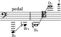 {
\new Staff \with { \omit Score.TimeSignature }
\clef bass \key c \major \cadenzaOn \omit Stem
b,,,4 ^ "pedal" _ \markup \tiny "B₀"
\glissando s bes,, _ \markup \tiny "B♭₁"
\bar "|"
b,,1 _ \markup \tiny "B₁"
\glissando \clef tenor d'' ^ \markup \tiny "D₅"
\grace f''4 ^ \markup \tiny "↑"
}
