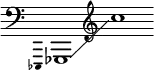 {
\new Staff \with { \omit Score.TimeSignature }
\key c \major \cadenzaOn
\clef bass \omit Stem \grace { ees,,4 }
ges,,1 \glissando \clef treble c''
}