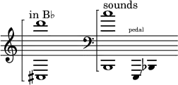 {
\new Staff \with { \omit Score.TimeSignature }
\clef treble \key c \major
\cadenzaOn \omit Stem
s4 ^ \markup "in B♭"
\arpeggioBracket <cis d'''>1 \arpeggio
\once \hide r1
\clef bass
\arpeggioBracket <b,, c''>1 \arpeggio
^ \markup "sounds"
e,,4 \finger \markup \text "pedal" \glissando bes,,4 s
}