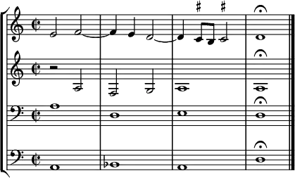 { << \new StaffGroup <<
\new Staff <<
\clef treble \time 2/2
\relative c' {
\clef treble \time 2/2
e2 f2~ f4 e d2~ d4 \once \set suggestAccidentals = ##t cis8 b \once \set suggestAccidentals = ##t cis!2 d1\fermata
}
>>
\new Staff <<
\clef treble \time 2/2
\new Voice \relative c' {
r2 a f g a1 a1\fermata
}
>>
\new Staff <<
\clef bass \time 2/2
\new Voice \relative c' {
a1 d, e d\fermata
}
>>
\new Staff <<
\clef bass \time 2/2
\new Voice \relative c {
a1 bes a d\fermata \bar "|."
}
>>
>>
>> }