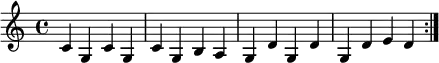 \relative c' \repeat volta 2{ c g c g c g b a g d' g, d' g, d' e d}