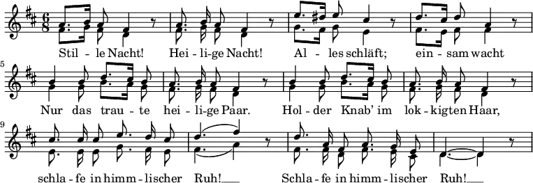 
<<
\new Staff <<
  \new Voice="melody" \relative c'' { \set Staff.midiInstrument = #"acoustic guitar (nylon)"
    \autoBeamOff
\tempo 4 = 60 \set Score.tempoHideNote = ##t
    \voiceOne
    \language "deutsch"
    \key d \major
    \time 6/8
    a8. [ h16 ] a8 fis4 h8\rest
    a8. h16 a8 fis4 h8\rest
    e8. [ dis16 ] e8 cis4 h8\rest
    d8. [ cis16 ] d8 a4 h8\rest
    h4 h8 d8. [ cis16 ] h8
    a8. h16 a8 fis4 h8\rest
    h4 h8 d8. [ cis16 ] h8
    a8. h16 a8 fis4 h8\rest
    cis8. cis16 cis8 e8. d16 cis8
    d4. ( fis4 ) h,8\rest
    d8. a16 fis8 a8. g16 e8
    d4.~ d4 h'8\rest
  }
  \new Voice \relative c' {
    \voiceTwo
    \autoBeamOff
    %\omit "Rest_engraver"
    fis8. [ g16 ] fis8 d4 s8
    fis8. g16 fis8 d4 s8
    g8. [ fis16 ] g8 e4 s8
    fis8. [ e16 ] fis8 fis4 s8
    g4 g8 h8. [ a16 ] g8
    fis8. g16 fis8 d4 s8
    g4 g8 h8. [ a16 ] g8
    fis8. g16 fis8 d4 s8
    e8. e16 e8 g8. fis16 e8
    fis4. ( a4 ) s8
    fis8. fis16 d8 fis8. e16 cis8
    d4.~ d4
  }
>>
\new Lyrics \lyricsto "melody" {
  Stil -- le Nacht! Hei -- li -- ge Nacht!
  Al -- les schläft; ein -- sam wacht
  Nur das trau -- te hei -- li -- ge Paar.
  Hol -- der Knab’ im lok -- kig -- ten Haar,
  schla -- fe in himm -- li -- scher Ruh! __
  Schla -- fe in himm -- li -- scher Ruh! __
}
>>
