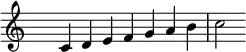 \relative c' {
\clef treble \time 7/4 \hide Staff.TimeSignature
c4 d e f g a b c2
}