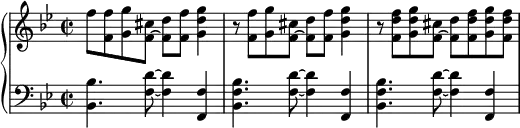 
    {
      \new PianoStaff <<
        \new Staff <<
            \relative c'' {
                \clef treble \key bes \major \time 2/2
                f8 <f, f'> <g g'> <f~ cis'> <f d'> <f f'> <g d' g>4
                r8 <f f'> <g g'> <f~ cis'> <f d'> <f f'> <g d' g>4
                r8 <f d' f> <g d' g> <f~ cis'> <f d'> <f d' f> <g d' g> <f d' f>
                }
            >>
        \new Staff <<
            \relative c {
                \clef bass \key bes \major \time 2/2
                <bes bes'>4. <f' d'>8~ <f d'>4 <f, f'>4
                <bes f' bes>4. <f' d'>8~ <f d'>4 <f, f'>4
                <bes f' bes>4. <f' d'>8~ <f d'>4 <f, f'>4
                }
            >>
    >> }
