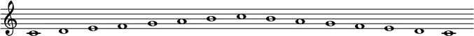 \relative c' {
c1 d1 e1 f1 g1 a1 b1 c1 b1 a1 g1 f1 e1 d1 c1
}
\layout {
\context {
\Staff
\remove Time_signature_engraver
\remove Bar_engraver
}
}
\midi {
\tempo 1 = 120
}