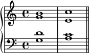 \new PianoStaff <<
\new Staff <<
\new Voice \relative c'' {
\stemUp \clef treble \key c \major \time 4/4
b1 c
}
\new Voice \relative c'' {
\stemDown
g1 e
}
>>
\new Staff <<
\new Voice \relative c' {
\stemUp \clef bass \key c \major \time 4/4
d1 c
}
\new Voice \relative c' {
\stemDown
g1 a \bar "||"
}
>>
>>