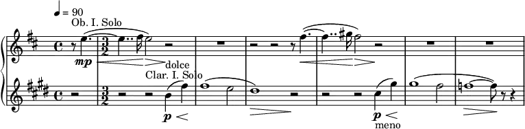 { \new PianoStaff << \new Staff \relative c'' { \set Staff.midiInstrument = #"oboe" \clef treble \time4/4 \tempo 4=90 \key b \minor \partial 2 r8^"Ob. I. Solo" e4.\mp\<~( | \time 3/2 e4.. fis16\! e2)\> r\! | R1*3/2 | r2 r r8 fis4.~(\< | fis4.. gis16\! fis2)\> r\! | R1*3/2 | R1*3/2 | } \new Staff \transpose bes c' \relative bes' { \set Staff.midiInstrument = #"clarinet" \transposition bes \clef treble \time 4/4 \key b \minor \partial 2 r2 | \time 3/2 r2 r^"Clar. I. Solo" a4(^"dolce"\p\< e')\! | e1( d2 | cis1)\> r2\! | r r b4-"meno"\p\<( fis')\! | fis1( e2 | ees1~\> ees8)\! r r4 |} >> }