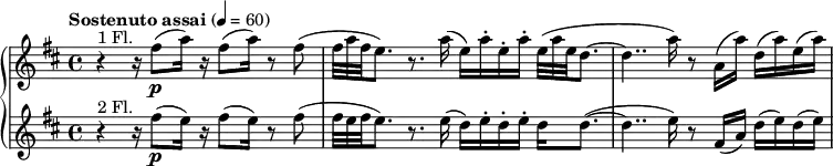  { \new PianoStaff << \new Staff \relative c'' { \set Staff.midiInstrument = #"flute" \clef treble \time 4/4 \tempo "Sostenuto assai" 4 = 60 \key b \minor r4^"1 Fl." r16 fis8\p( a16) r16 fis8( a16) r8 fis( | \scaleDurations 2/3 { fis32 a fis } e8.) r8. a16]( e)[ a-. e-. a-.] \scaleDurations 2/3 { e32( a e } d8.~ | d4.. a'16) r8 a,16( a') d,( a') e( a) | } \new Staff \relative c'' { \set Staff.midiInstrument = #"flute" \clef treble \time 4/4 \key b \minor r4^"2 Fl." r16 fis8\p( e16) r16 fis8( e16) r8 fis8( | \scaleDurations 2/3 { fis32 e fis } e8.) r8. e16]( d)[ e-. d-. e-.] d d8.(~ | d4.. e16) r8 fis,16( a) d( e) d(e) } >> } 